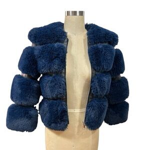 NEW AKIRA Girl size 10 Royal Blue Teddy Faux Fur zip up Coat two front pockets